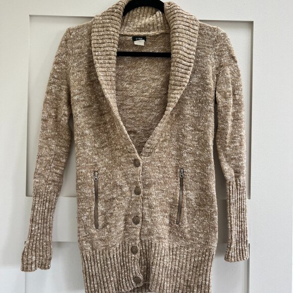 Classic J. Crew Long Sleeve Wool Cardigan, Size XS Color: cream and light brown - Picture 1 of 4